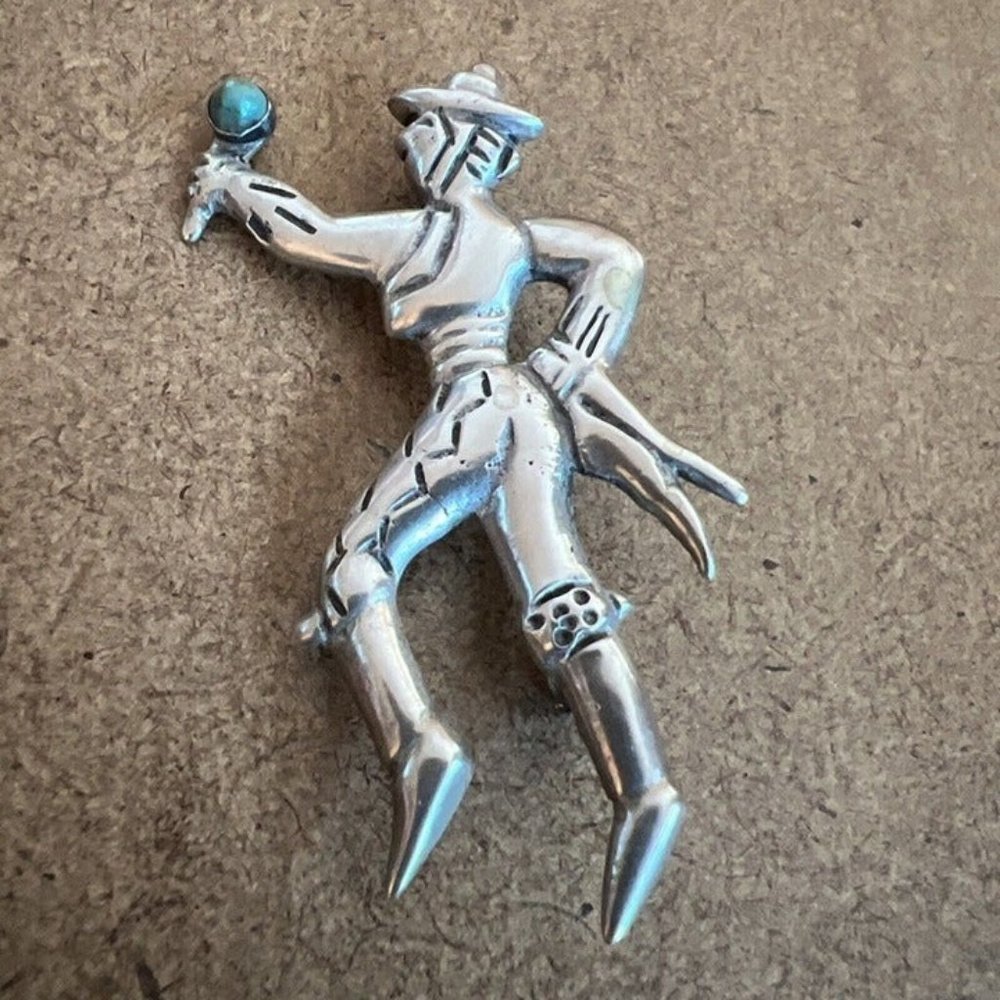 Vtg Art Deco Mexico Silver Sterling Silver Turquoise Maraca Man Dancing Brooch